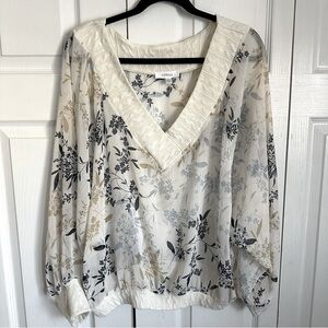 Cerule Womens Large V Neck Top Floral Crochet Boho Cottagecore Semi Sheer